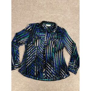 Dana Buchman Womens Abstract Geometric Print Button Down Shirt Blue Teal XL